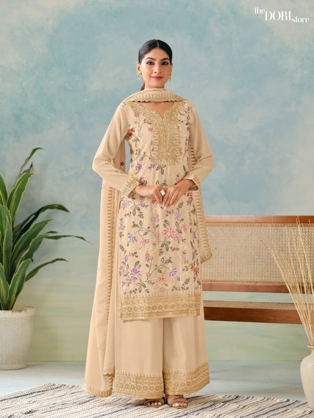Ethnic Cream Chinon Silk Partywear Suit with Embroidery Work  - Beautiful Radha Trendz( MIRACLE) for a classy look.