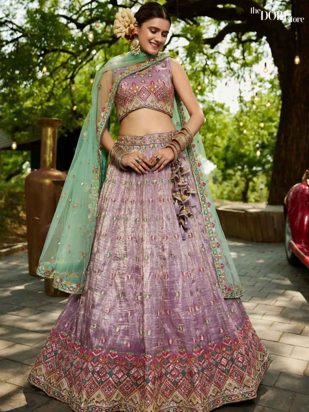 Image of Lavender Purple Tissue Sequinse embroidery Semi-Stitched Lehenga choli  showing its unique design and quality.