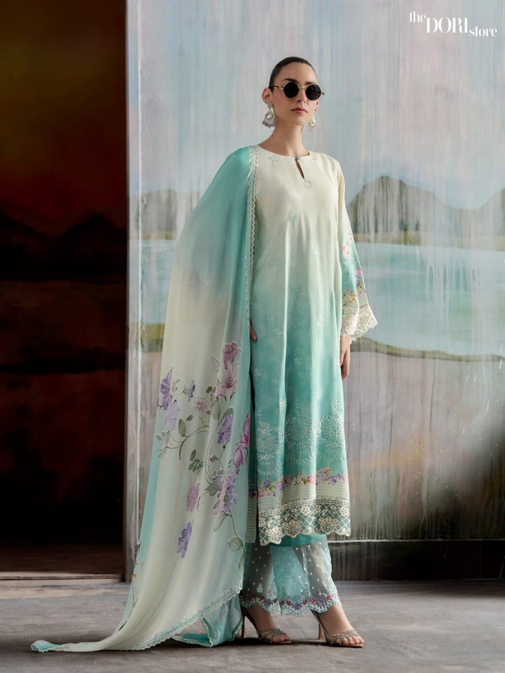 Creamish Blue Pure Muslin Digital Designer Suit with Embroidery Work  - Beautiful Aashiqi (HEER) for a classy look.