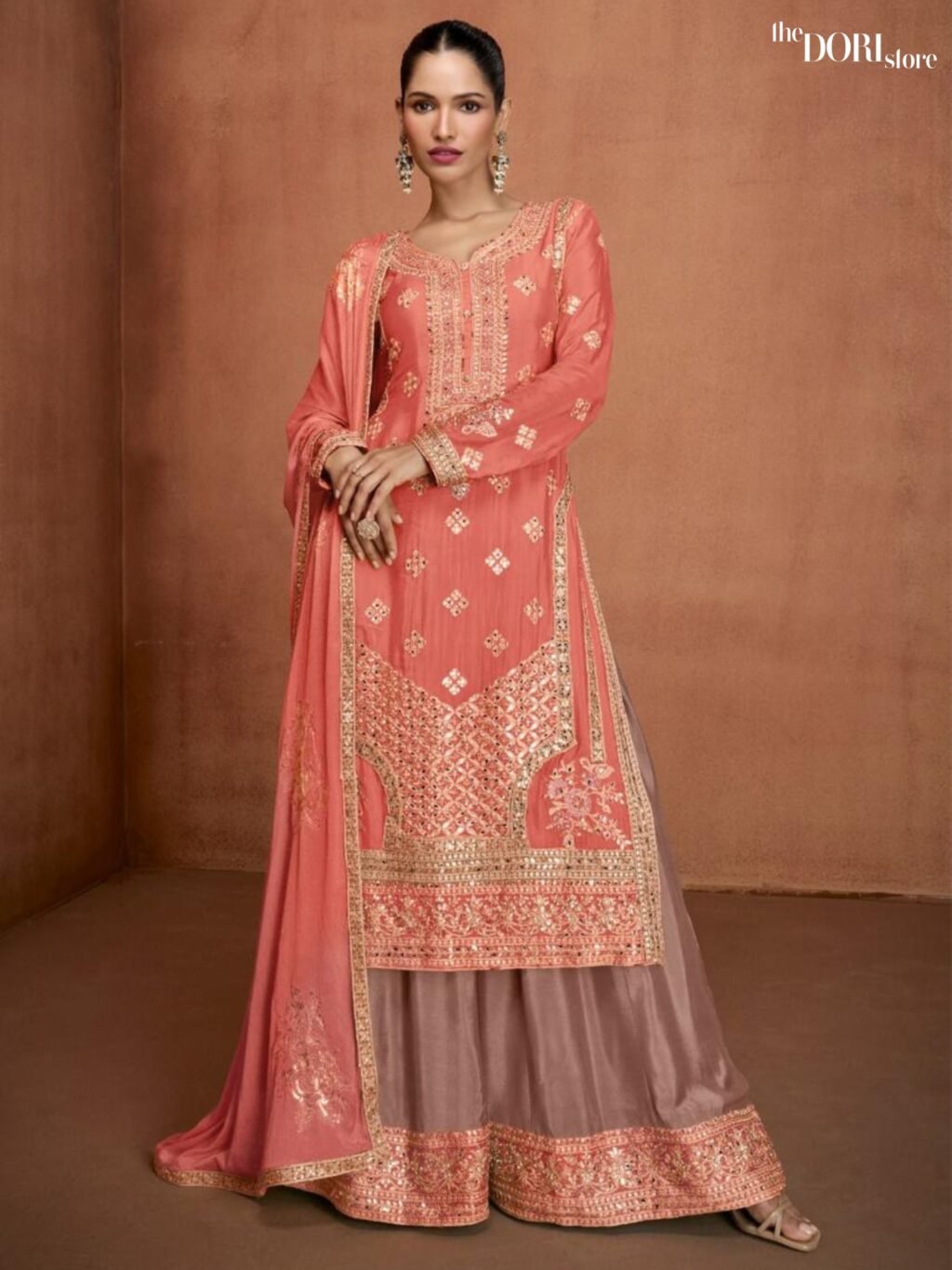 Peach Pink Chinon Silk Partywear Suit with Embroidery & Hand Work  - Beautiful GULKARYA DESIGNER ( HIMANI)  for a classy look.