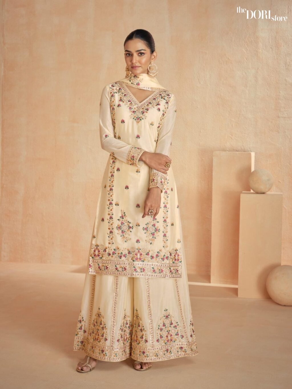 Floral Cream Chinon Silk Partywear Suit  - Beautiful Aashirwad Creation ( RINAAZ )  for a classy look.