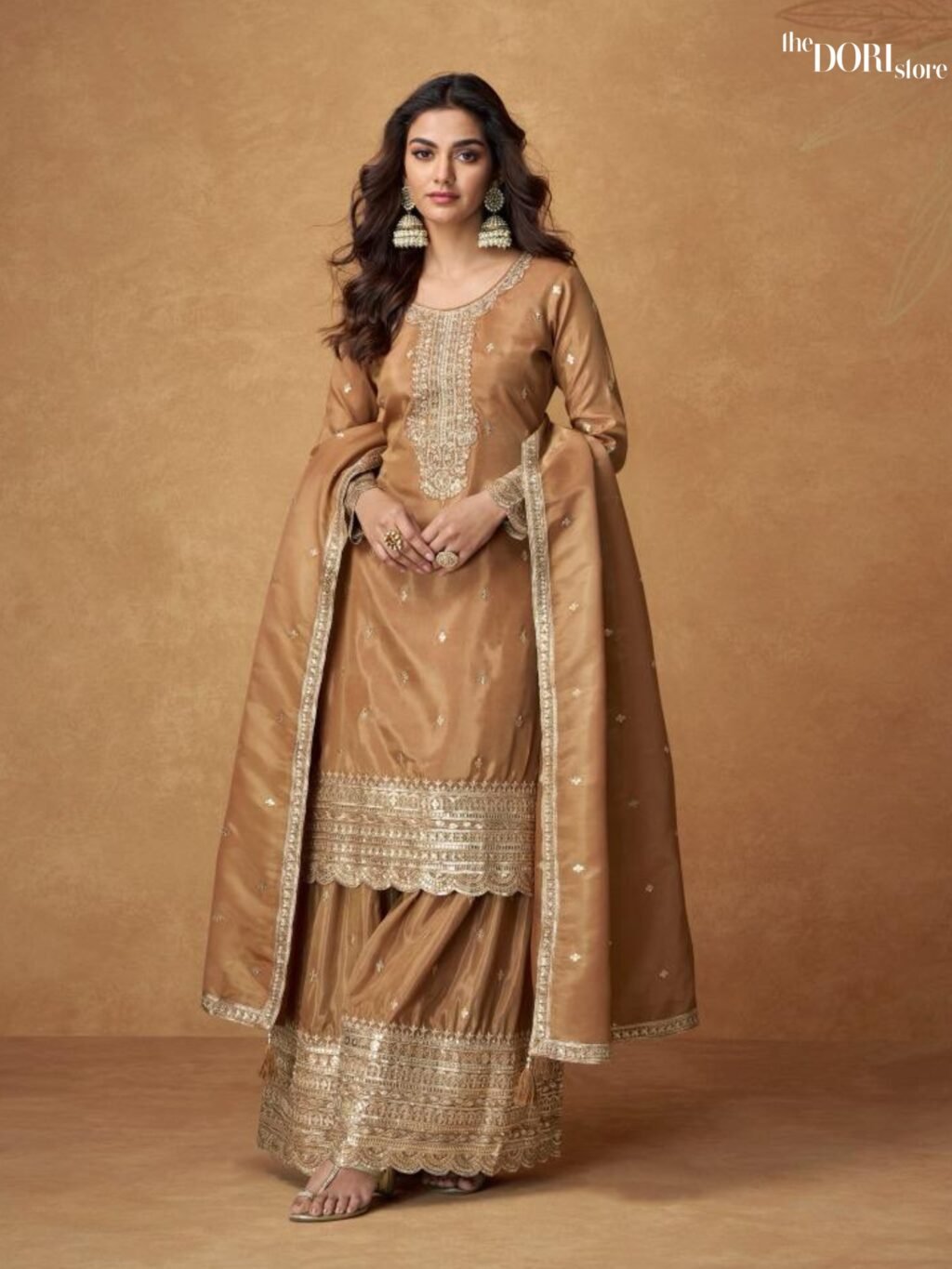 Camel Brown  Designer Organza Shimmer Silk Partywear Suit  - Beautiful Aashirwad Creation (SAUMYA)  for a classy look.