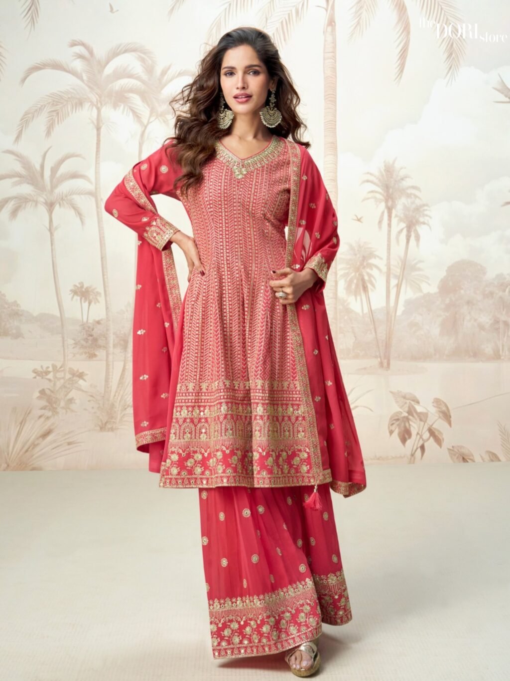 Coral Red Georgette Silk Partywear Suit  - Beautiful Aashirwad Creation (JASMINE) for a classy look.