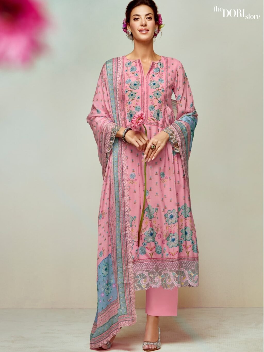 Buy Blush Pink Digital Printed Muslin Suit with Organza Border  with stunning designs for women. Best ethnic wear