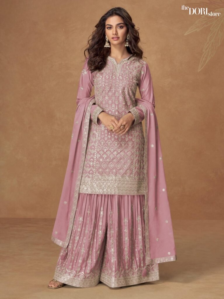 Buy Mauve Pink Chinon Silk Partywear Suit  with stunning designs for women. Best ethnic wear