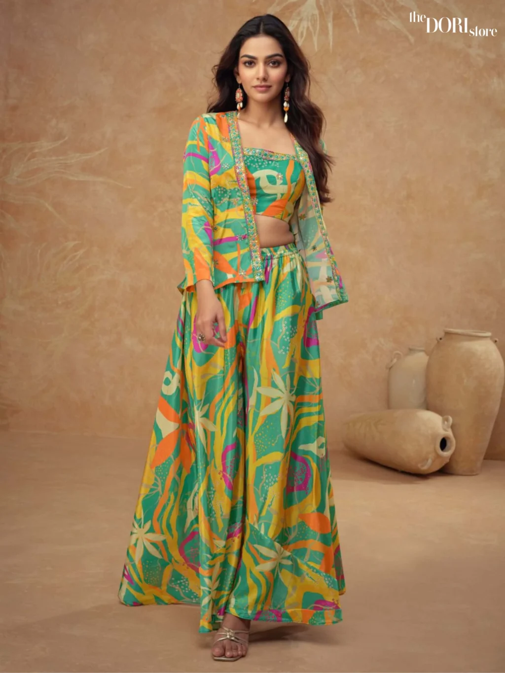 Green Chinon Crop Top with Plazoo and Jacket  - Beautiful Gulkayra Designer (KIERA) for a classy look.