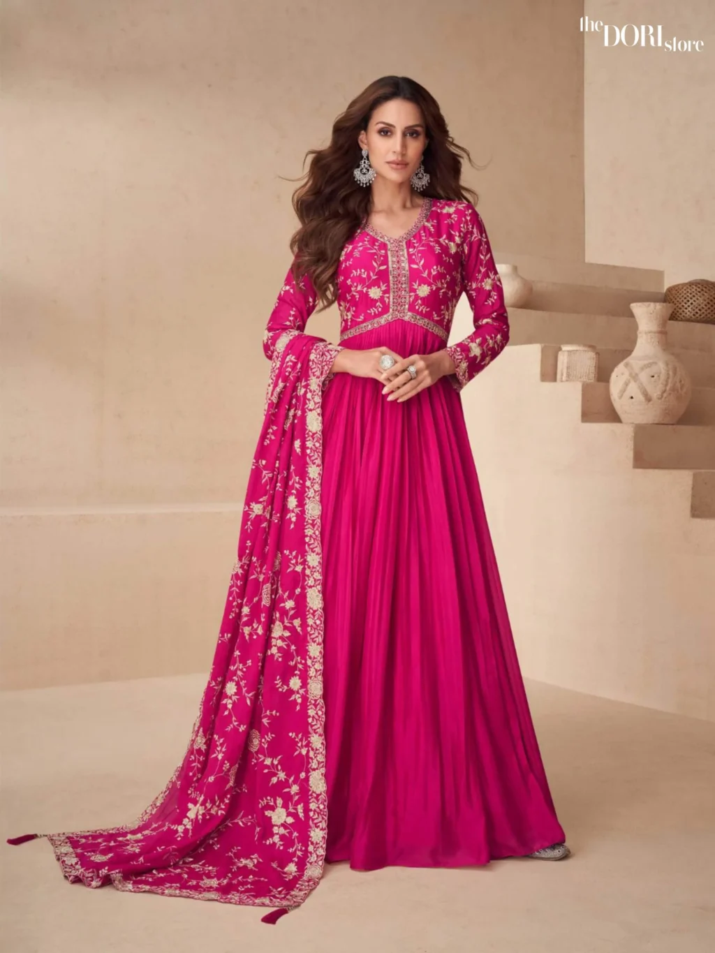 Magenta Pink Chinon Silk Partywear Gown Suit - Beautiful Aashirwad Creation (KAYSERIA)  for a classy look.