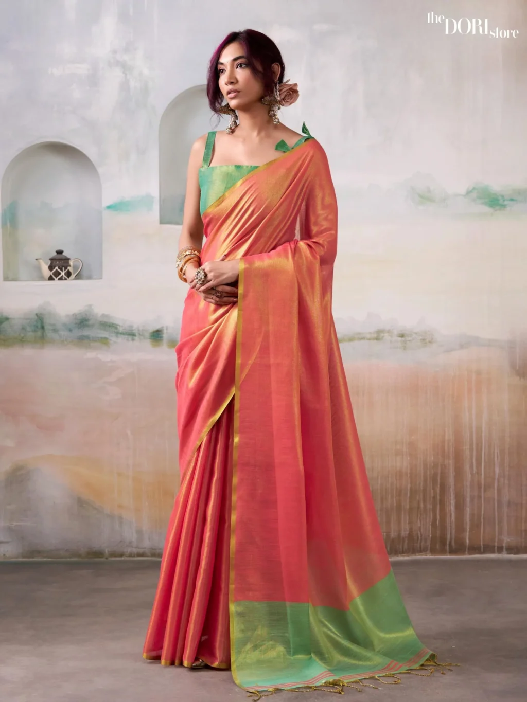 Greenish Pink Pure Handloom Tissue Silk Saree for Women - Designer ANVIKA TISSUES with Beautiful Fabric and Elegant Design.