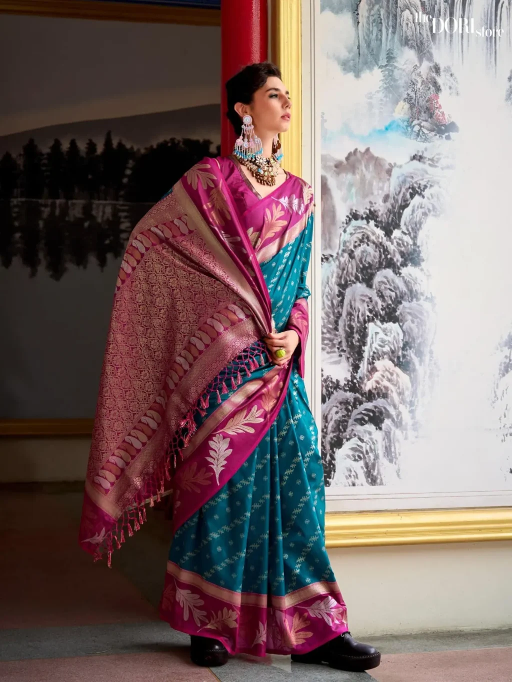 Magenta and Teal Blue Pure Soft Banarasi Silk Saree - Image 3