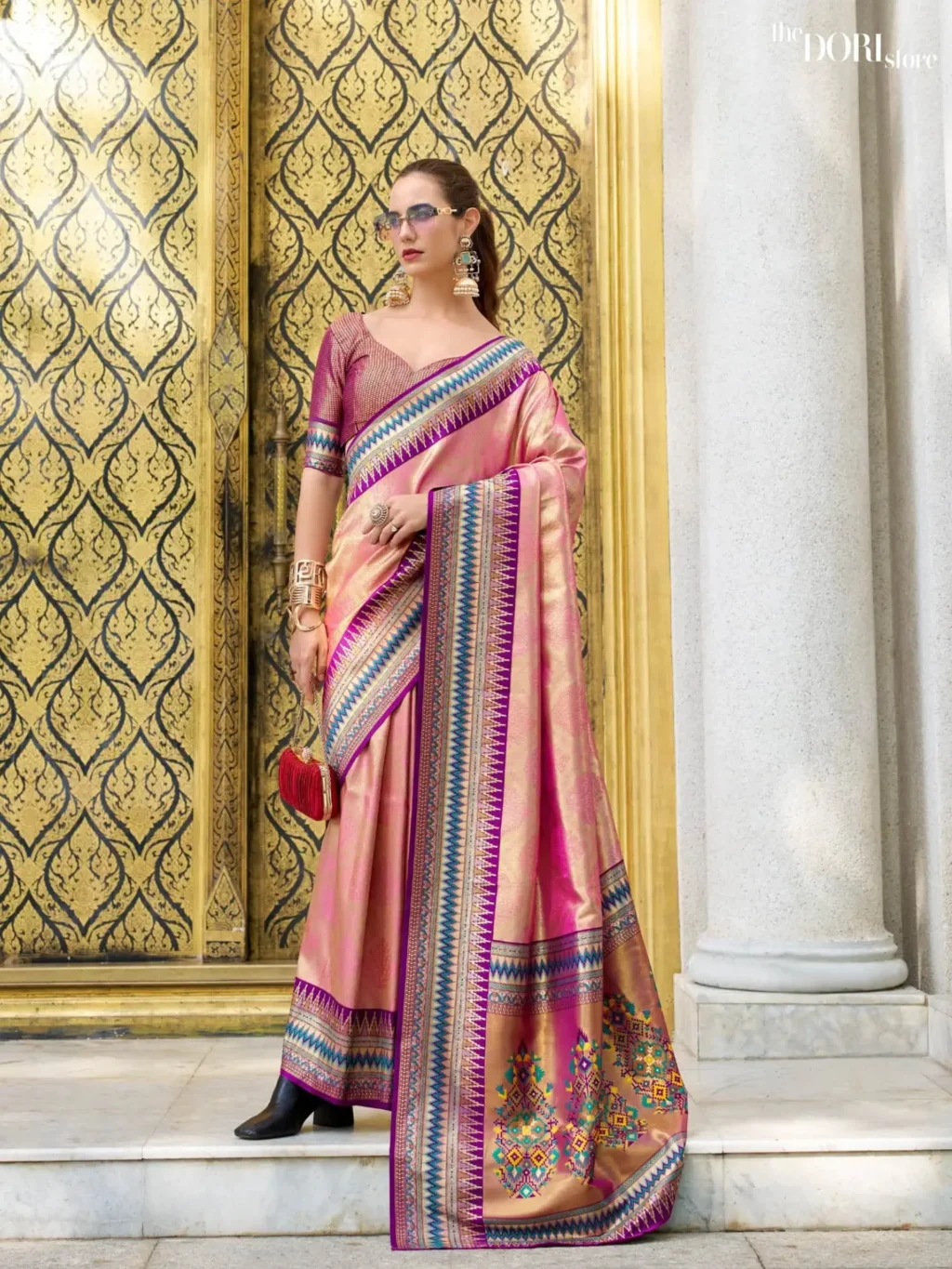 Festive Pink Dual Tone Partywear Tissue Silk Saree for Women - Designer Rajmata  with Beautiful Fabric and Elegant Design.