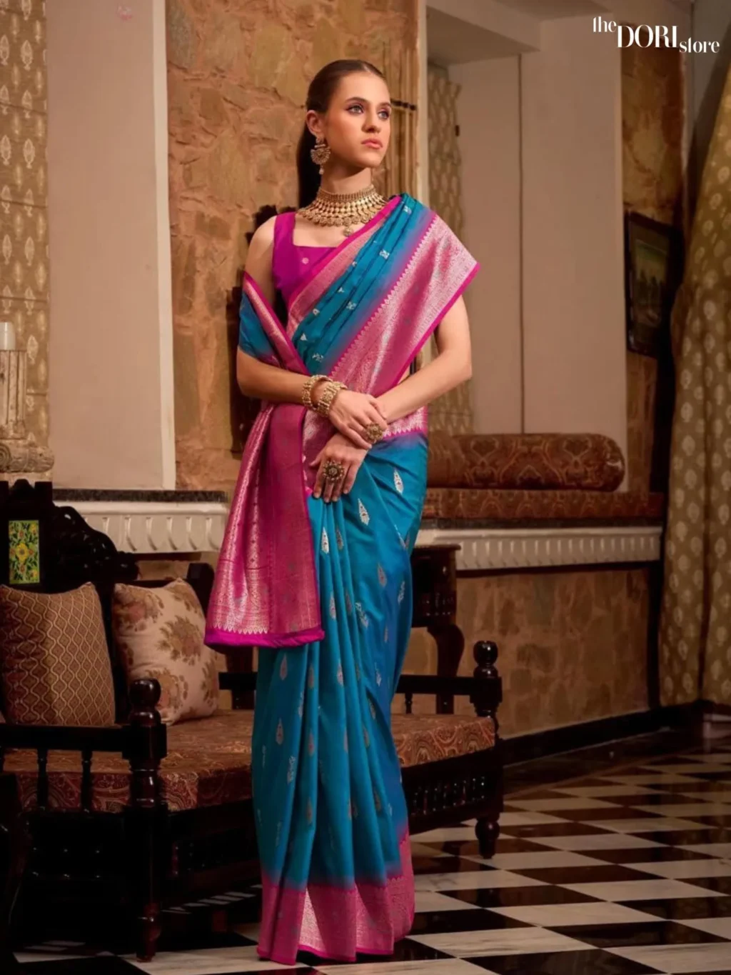 Bright Blue Partywear Soft Silk Woven Saree - Image 4