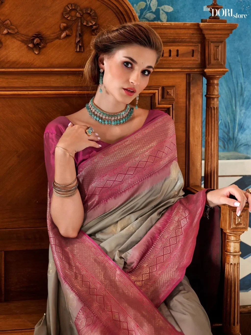 Rich Grey Soft Silk Saree with Contrast Blouse - Image 3