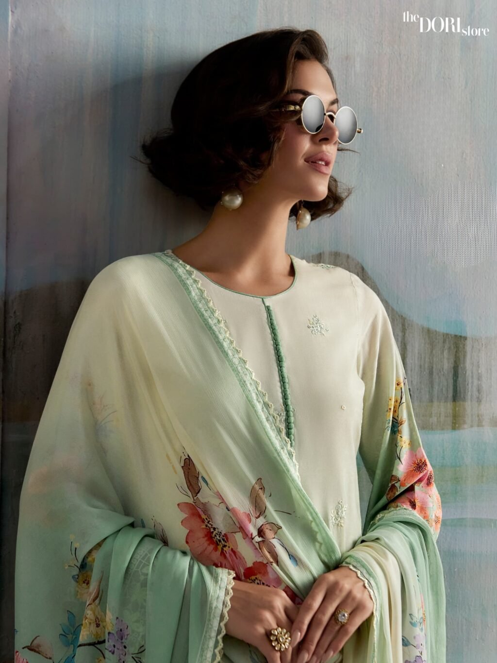 Pista Green Pure Muslin Digital Designer Suit with Embroidery Work - Image 4