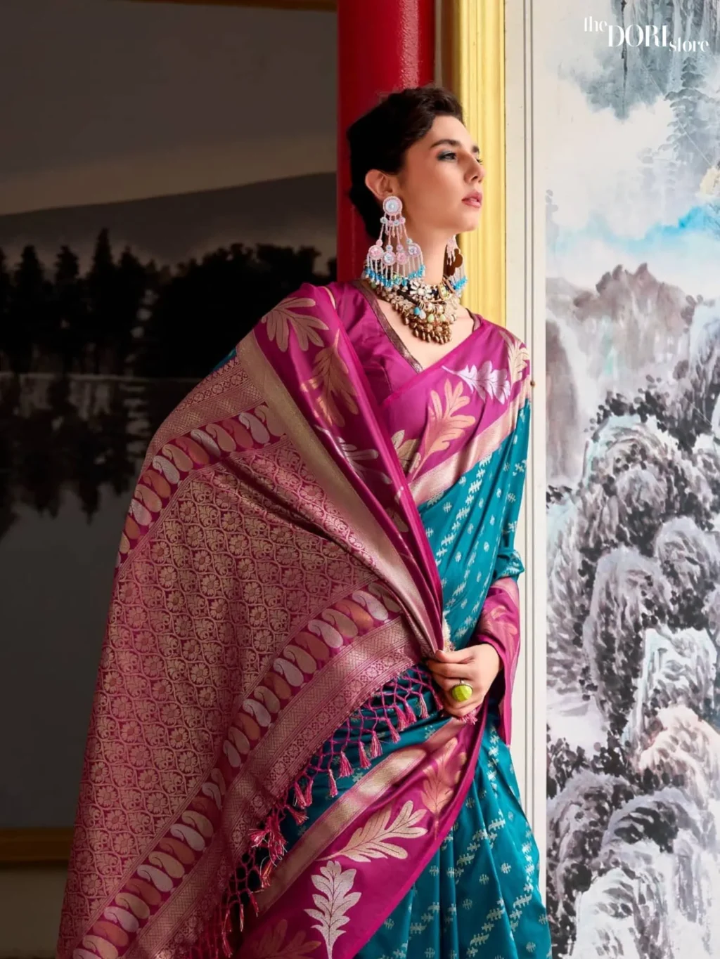 Magenta and Teal Blue Pure Soft Banarasi Silk Saree - Image 4