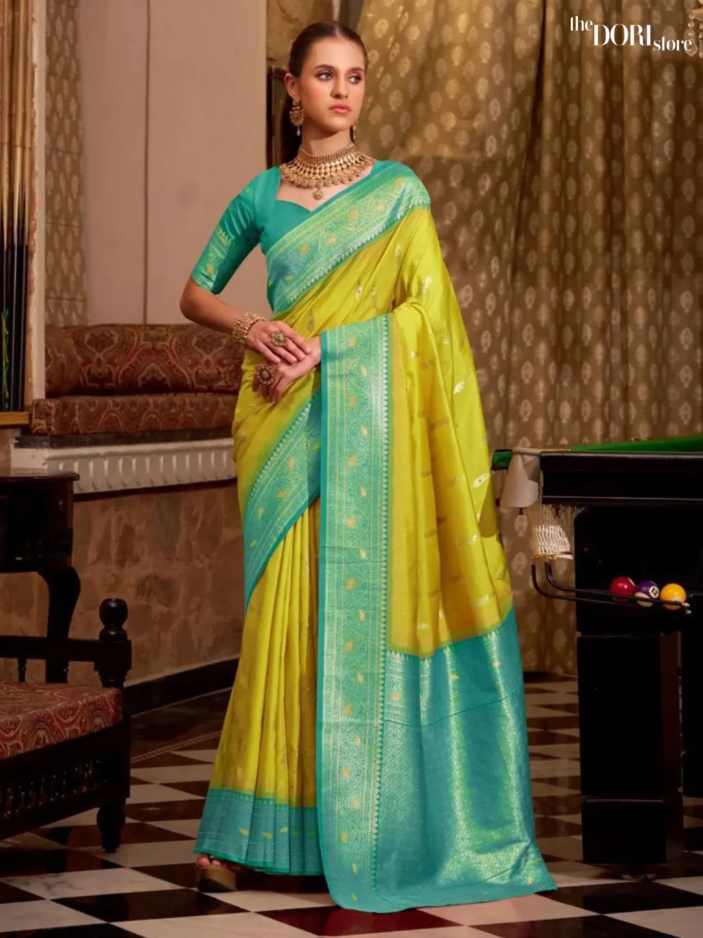 Sea Green and Lime Yellow Partywear Soft Silk Woven Saree for Women - Designer Gatha Silk with Beautiful Fabric and Elegant Design.