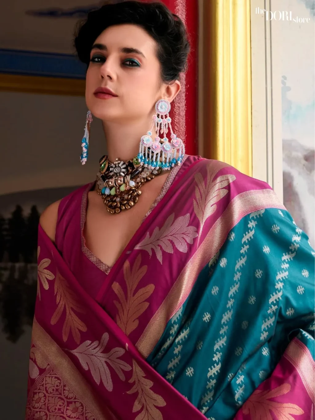 Magenta and Teal Blue Pure Soft Banarasi Silk Saree - Image 5