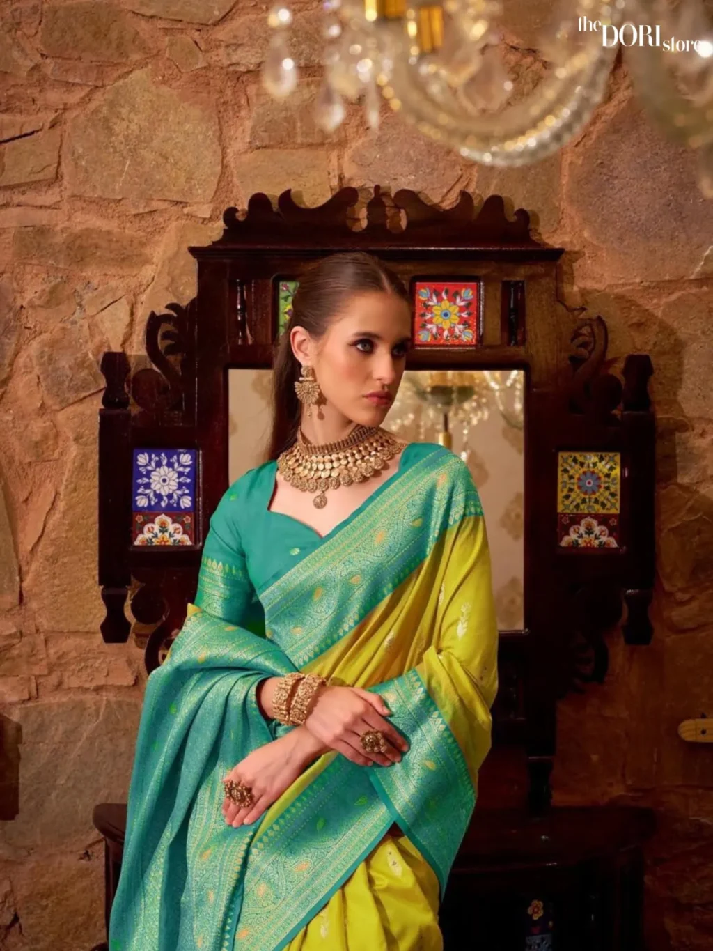 Sea Green and Lime Yellow Partywear Soft Silk Woven Saree - Image 3