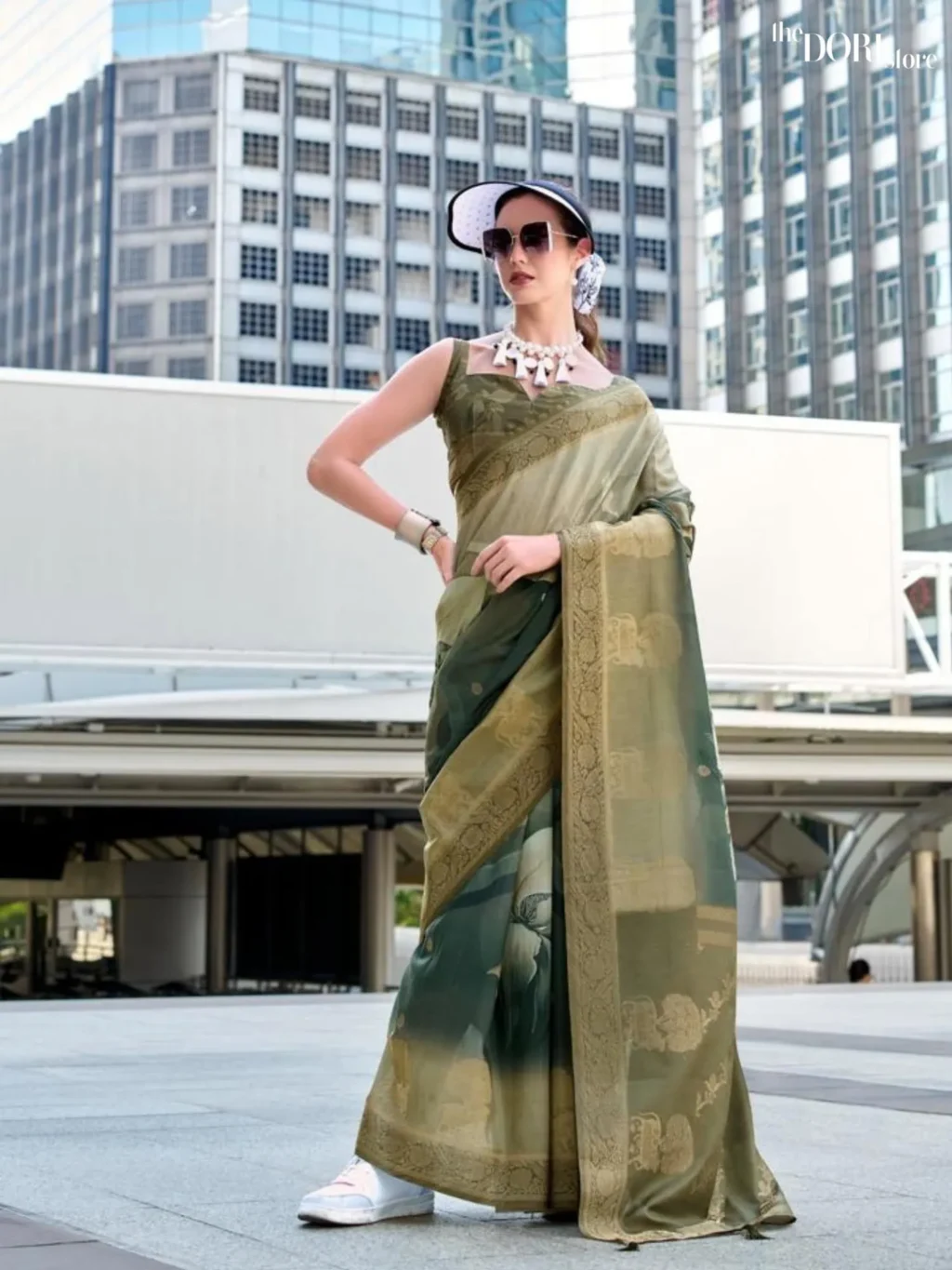 Ethnic Mehandi Green Brown Handloom Mashroom Silk Saree for Women - Designer Pichwai with Beautiful Fabric and Elegant Design.
