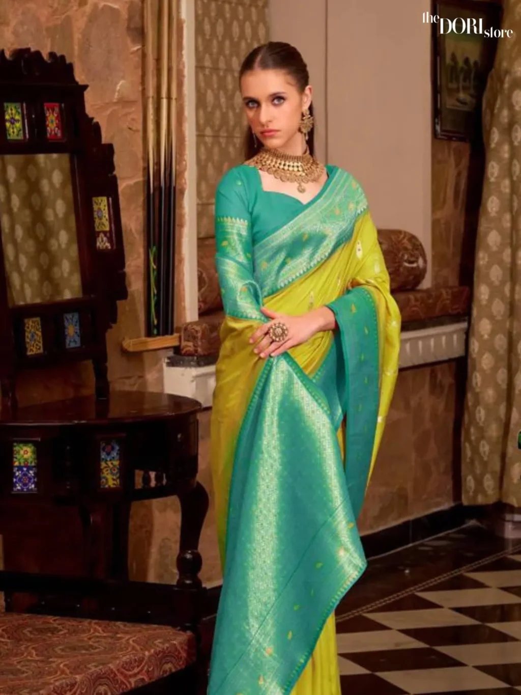 Sea Green and Lime Yellow Partywear Soft Silk Woven Saree - Image 4