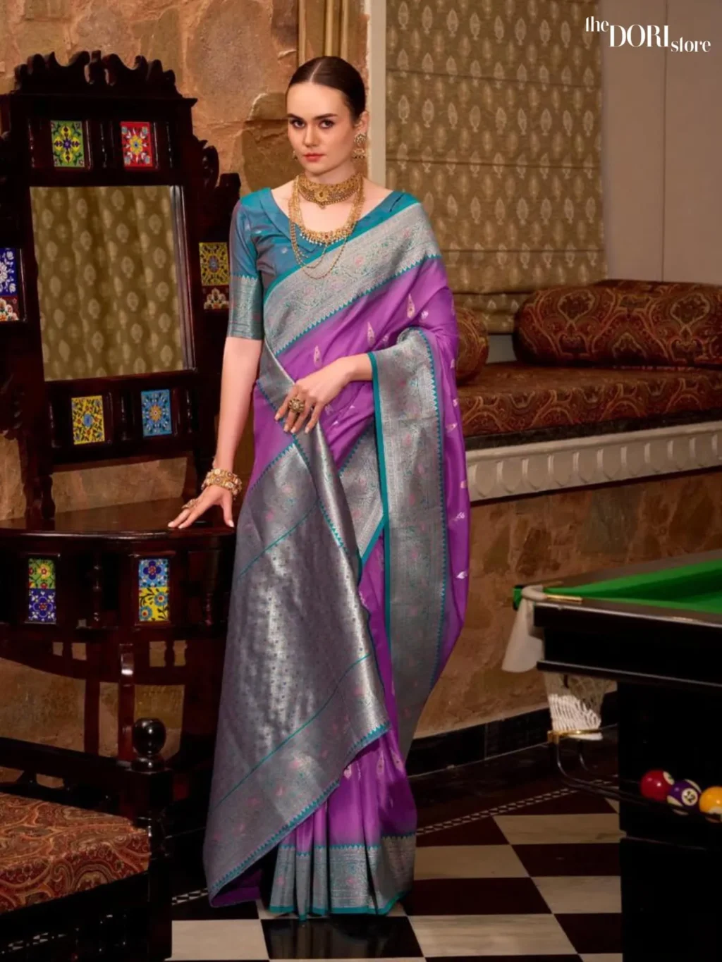 Teal Blue and Lavender Purple Partywear Soft Silk Woven Saree for Women - Designer Gatha Silk with Beautiful Fabric and Elegant Design.