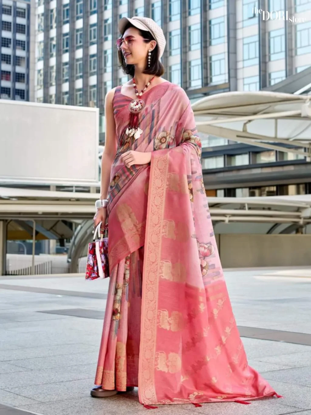 Blush Pink Brown Handloom Mashroom Silk Saree for Women - Designer Pichwai with Beautiful Fabric and Elegant Design.