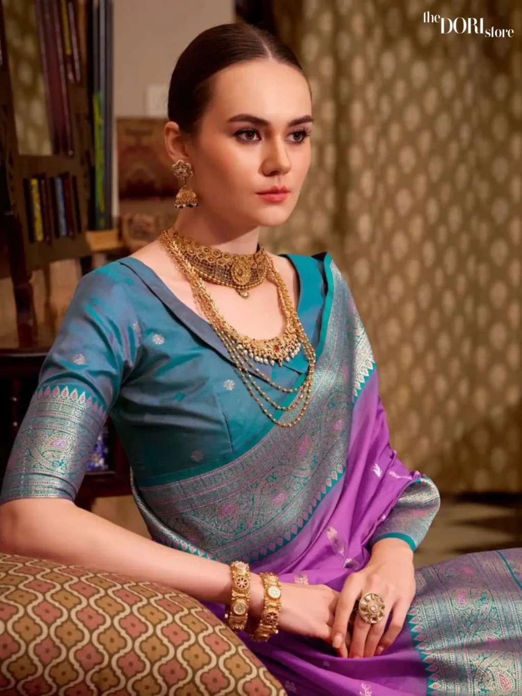 Teal Blue and Lavender Purple Partywear Soft Silk Woven Saree - Image 3
