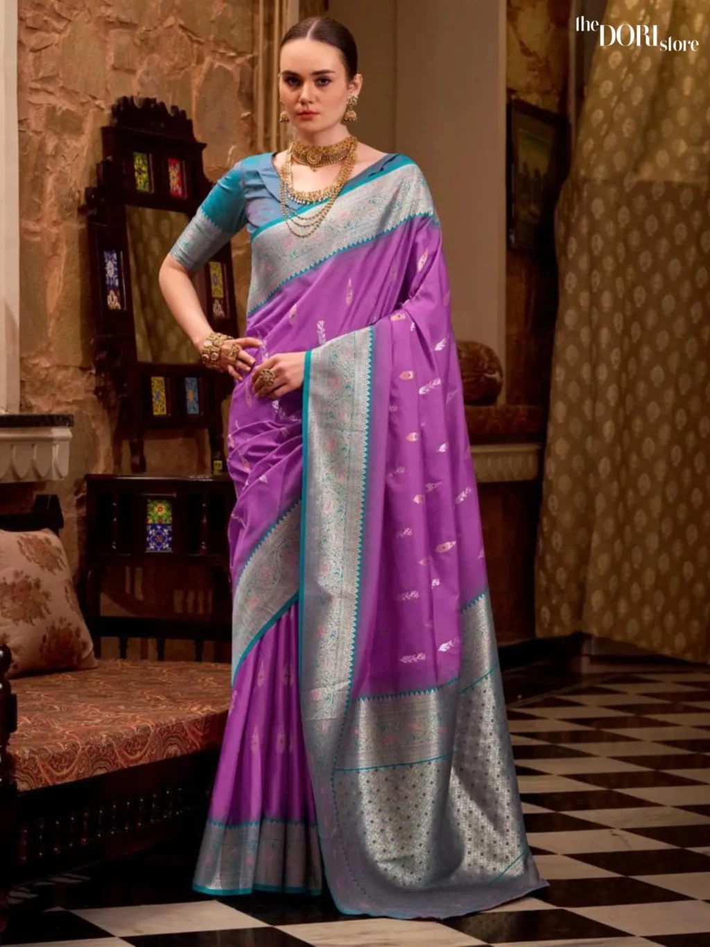 Teal Blue and Lavender Purple Partywear Soft Silk Woven Saree - Image 4