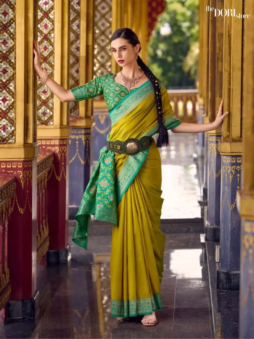 Lime Green Designer Soft Silk Woven Saree - Image 3
