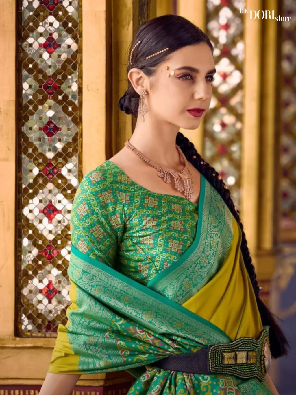 Lime Green Designer Soft Silk Woven Saree - Image 4