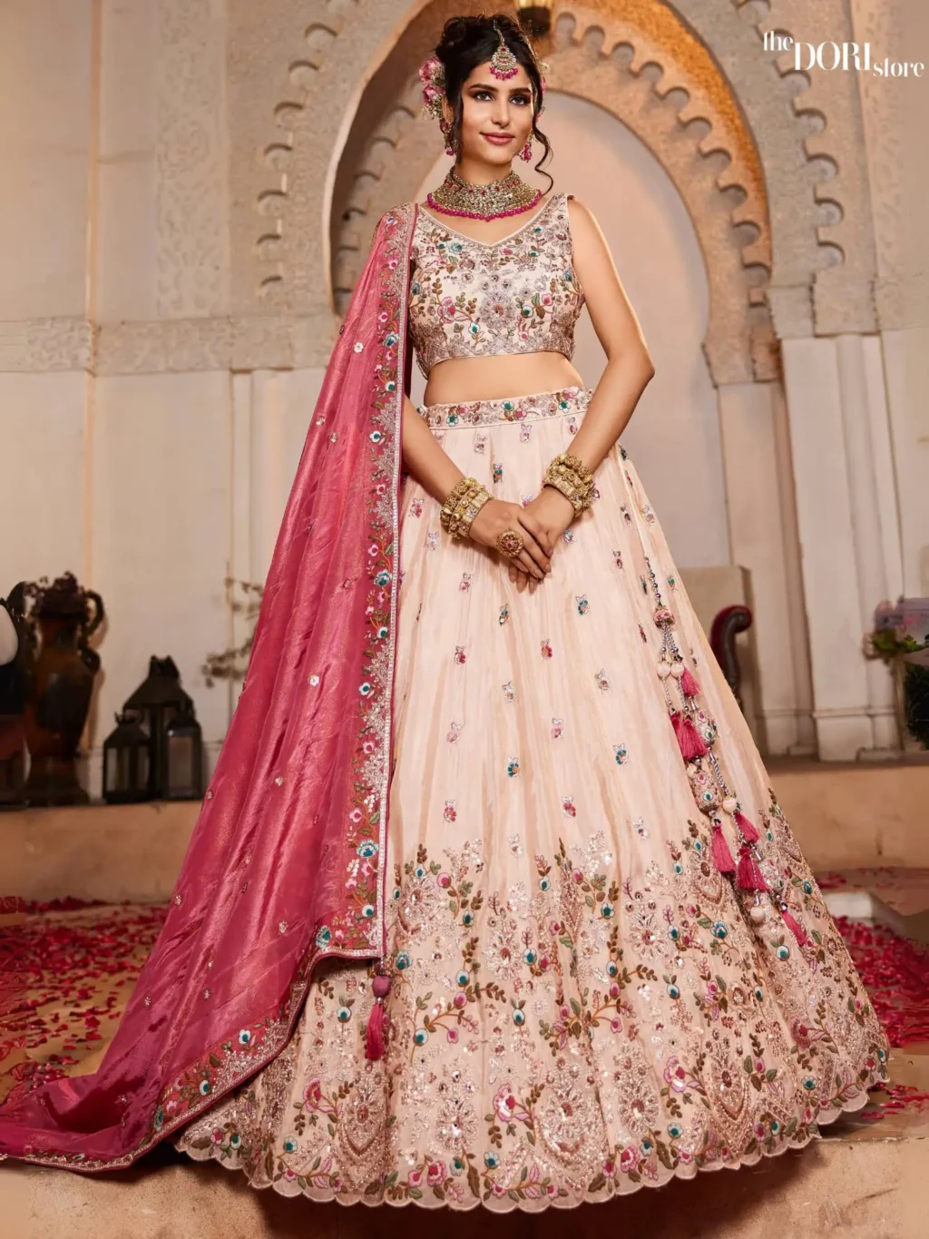 Image of Cream Tissue Sequinse embroidery Semi-Stitched Lehenga choli showing its unique design and quality.