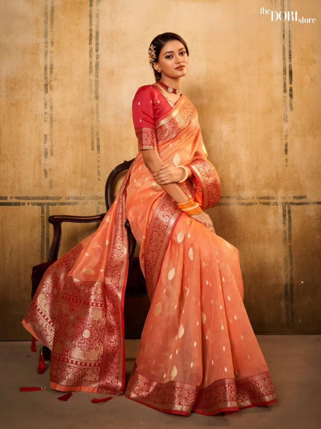 Peach Orange Partywear Banarasi Silk Saree for Women - Designer PETALS BANARASI with Beautiful Fabric and Elegant Design.