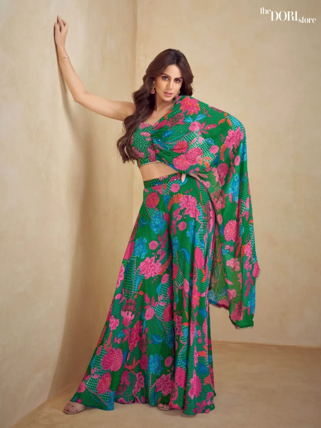 Dark Green Chinon Crop Top with Plazoo and Jacket  - Beautiful Gulkayra Designer (KIERA) for a classy look.