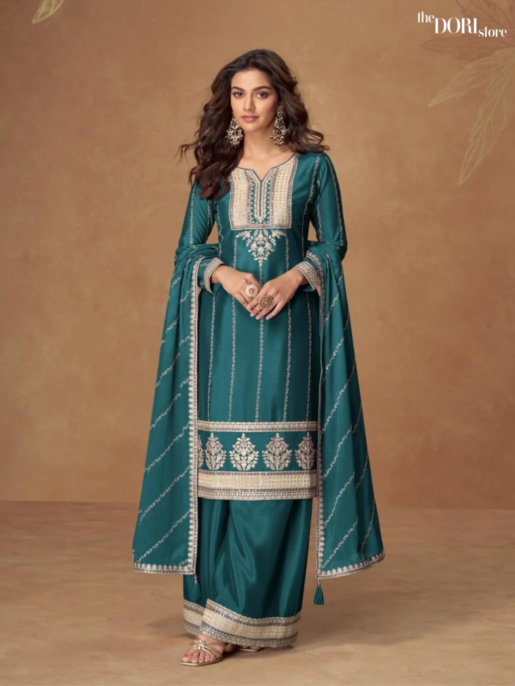 Teal Green Chinon Silk Designer Suit  - Beautiful Aashirwad Creation (KAVERI11)  for a classy look.