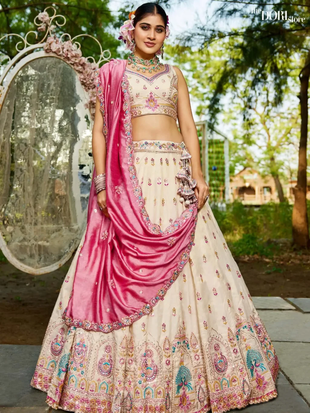Image of Cream Tissue Sequinse embroidery Semi-Stitched Lehenga choli  showing its unique design and quality.