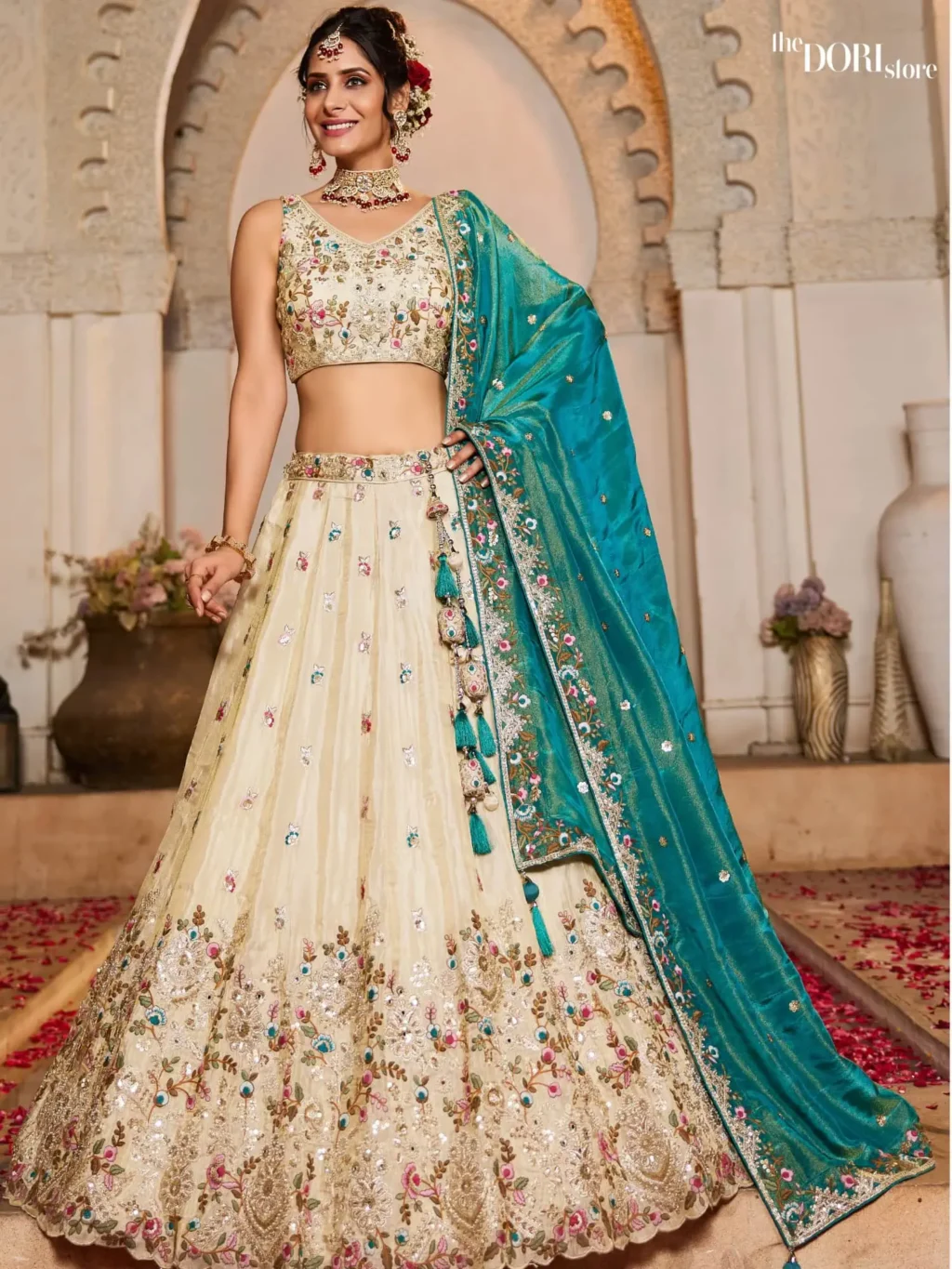 Image of Ethnic Cream Tissue Sequinse embroidery Semi-Stitched Lehenga choli  showing its unique design and quality.