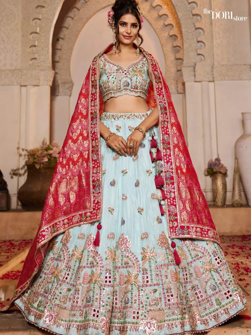 Image of Blue Tissue Mirror embroidery Semi-Stitched Lehenga choli  showing its unique design and quality.