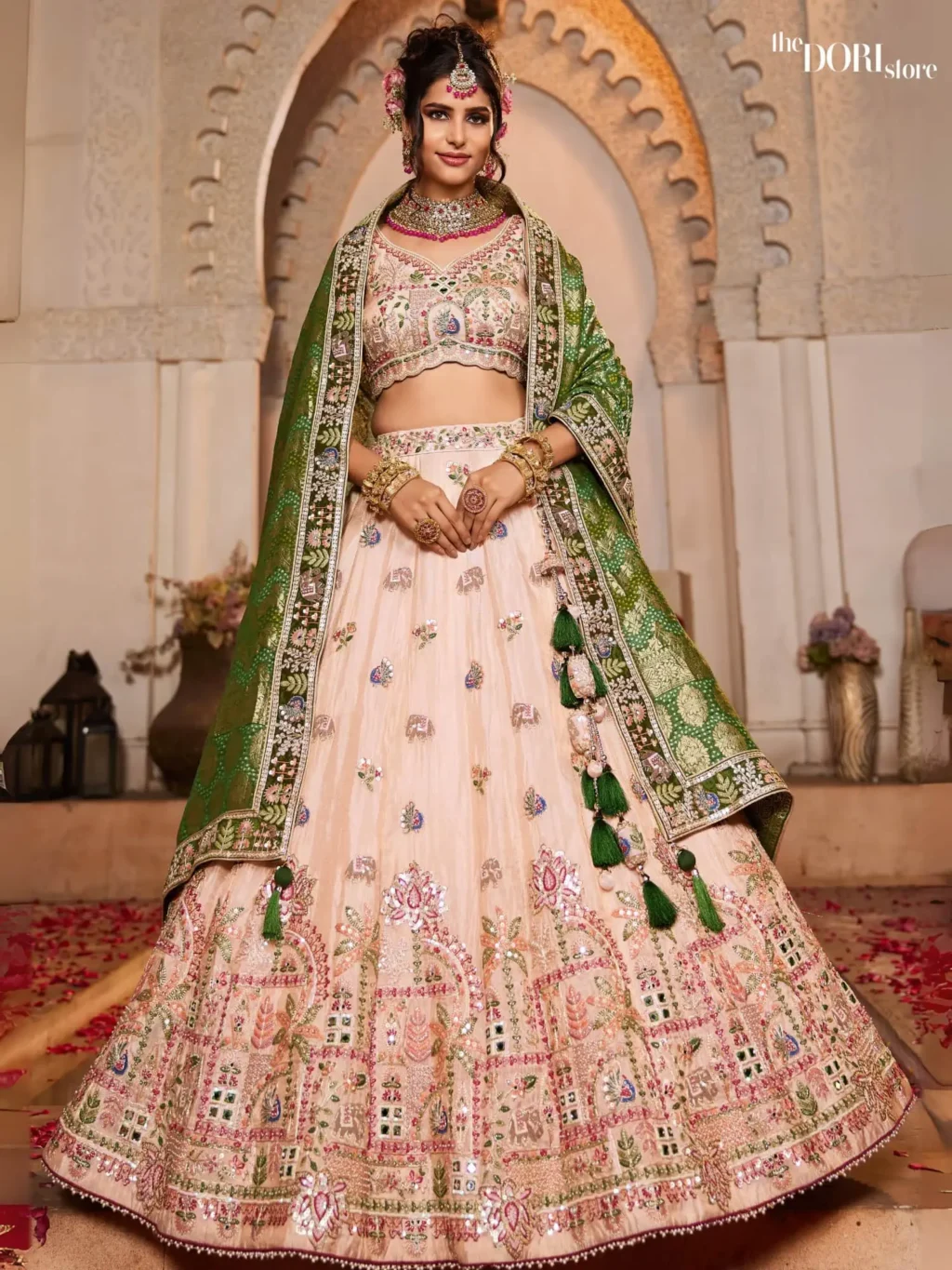 Image of Peach Pink Tissue Mirror embroidery Semi-Stitched Lehenga choli  showing its unique design and quality.