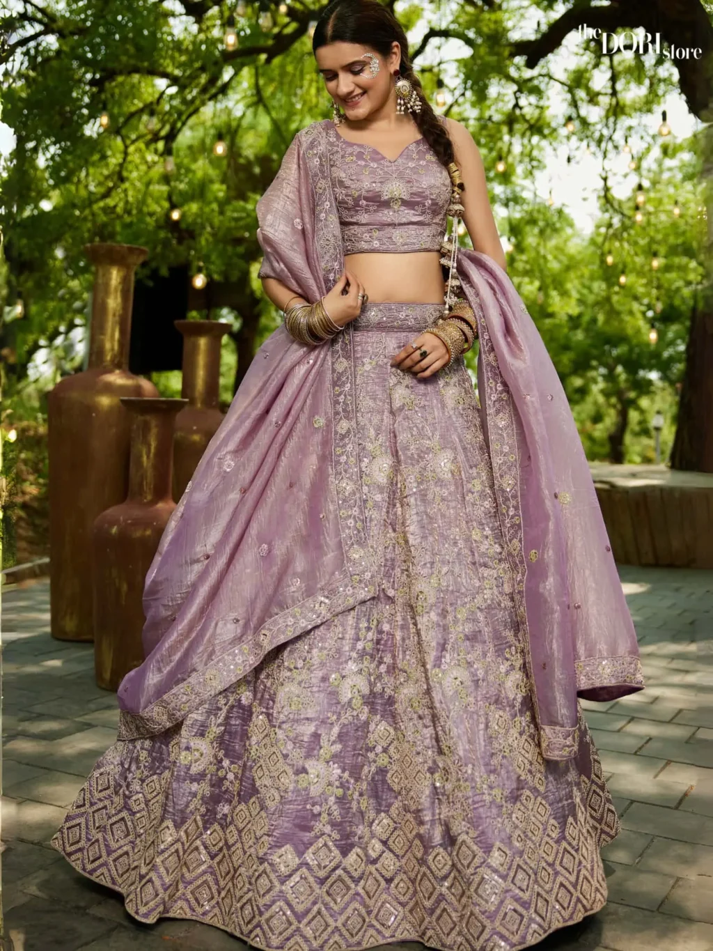 Image of Lavender Purple Tissue Sequinse embroidery Semi-Stitched Lehenga choli  showing its unique design and quality.