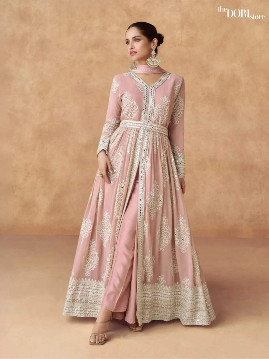 Peach Pink Designer Georgette Silk Suit - Image 3