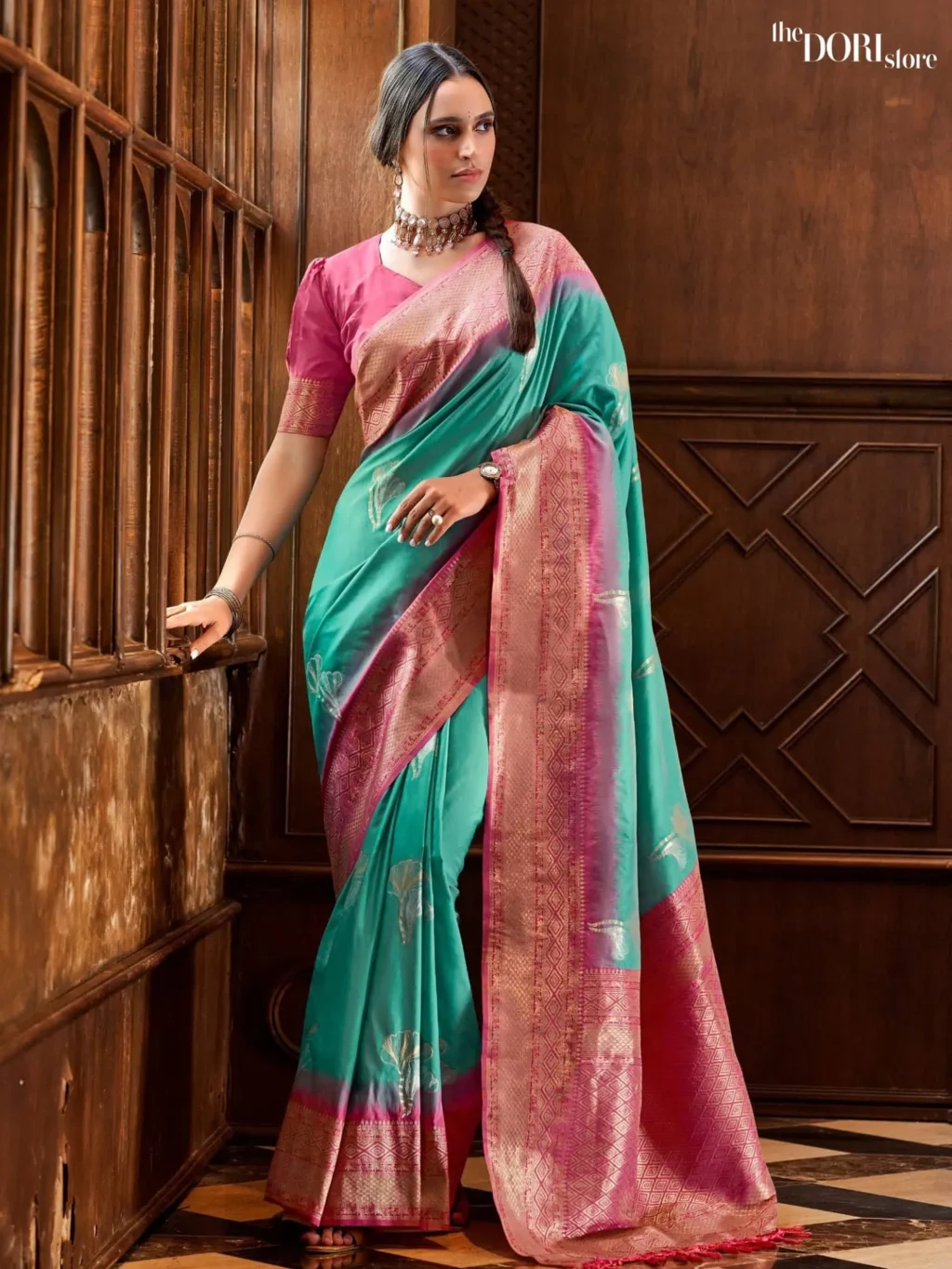 Blush Pink and Blue Soft Silk Saree with Contrast Blouse  for Women - Designer Roseberry with Beautiful Fabric and Elegant Design.