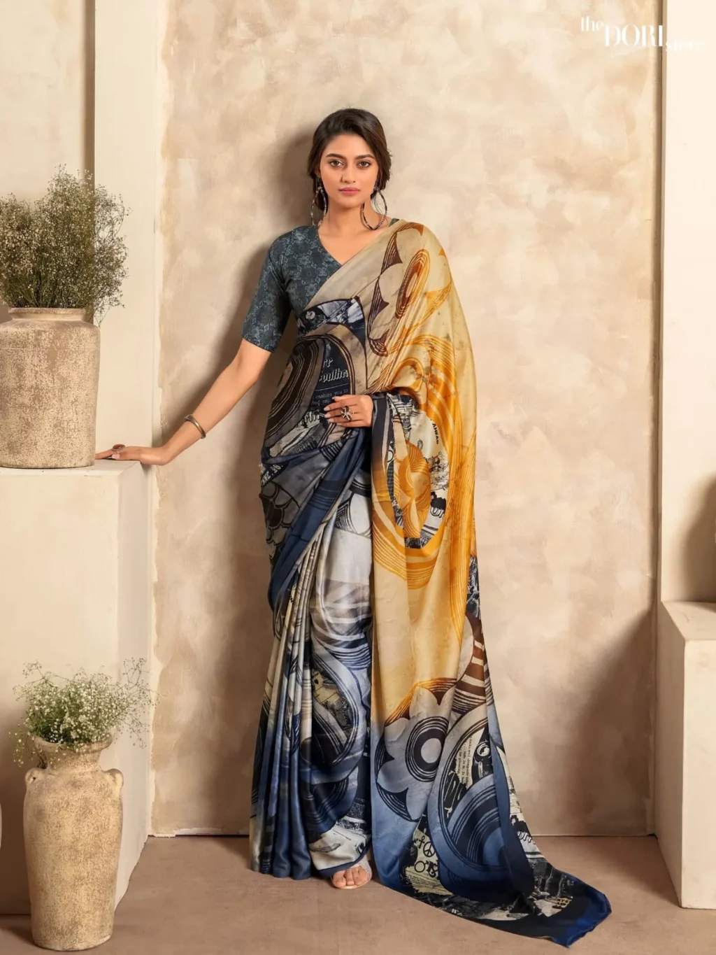 Yellowish Rich Grey Sattin  Printed Crepe Silk Saree for Women - Designer Jasmine  with Beautiful Fabric and Elegant Design.