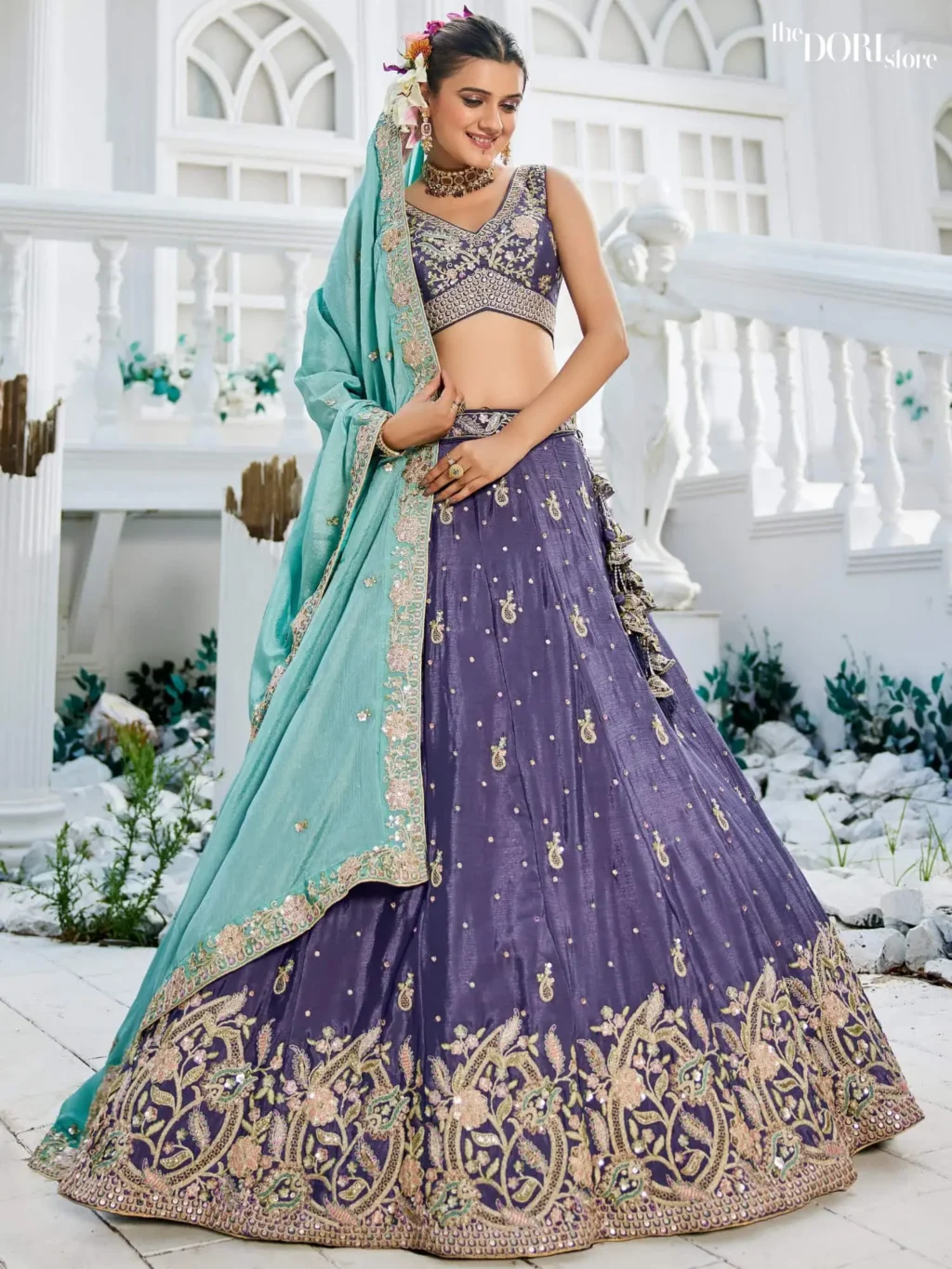 Image of Purple Chinnon Sequinse embroidery Semi-Stitched Lehenga choli  showing its unique design and quality.