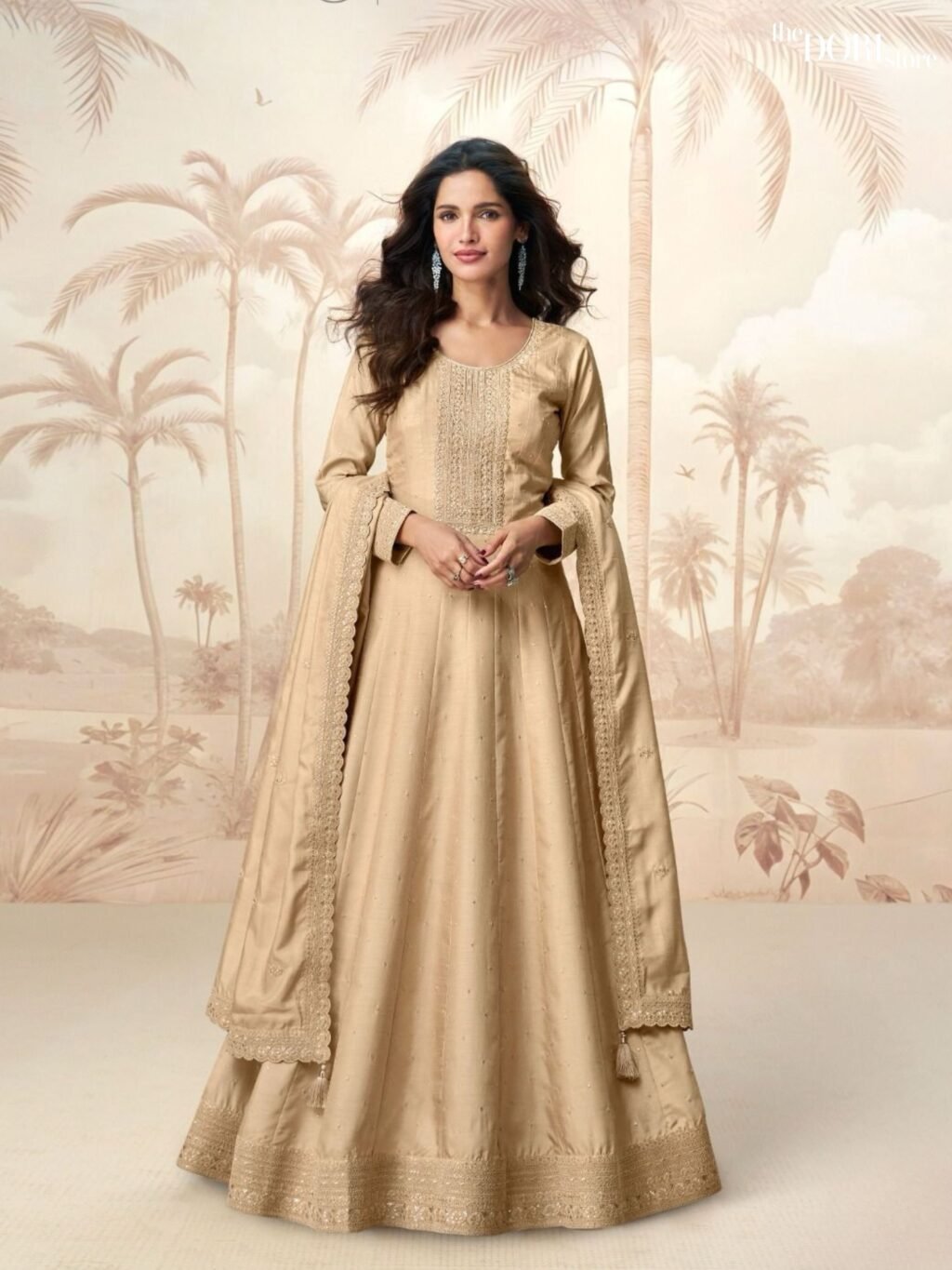 Ethnic Cream Silk Partywear Gown Suit - Beautiful Aashirwad Creation (RAGINI ) for a classy look.
