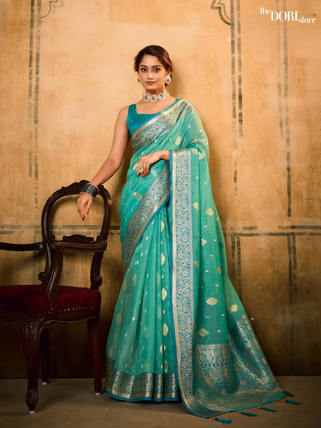 Aqua Blue Partywear Banarasi Silk Saree  for Women - Designer PETALS BANARASI with Beautiful Fabric and Elegant Design.