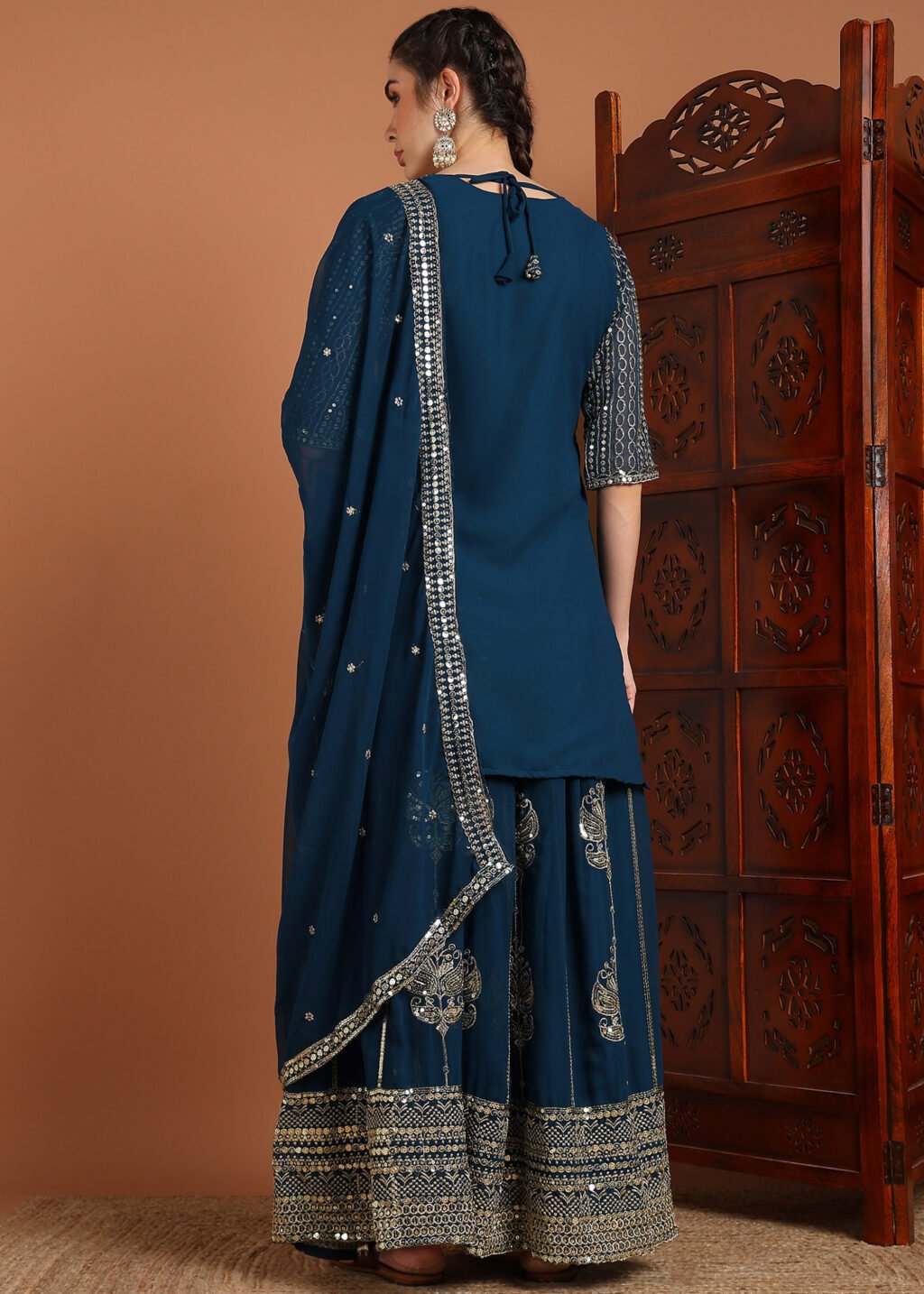 Partywear Blue Georgette Ready To Wear Top Lahenga & Dupatta - Image 3