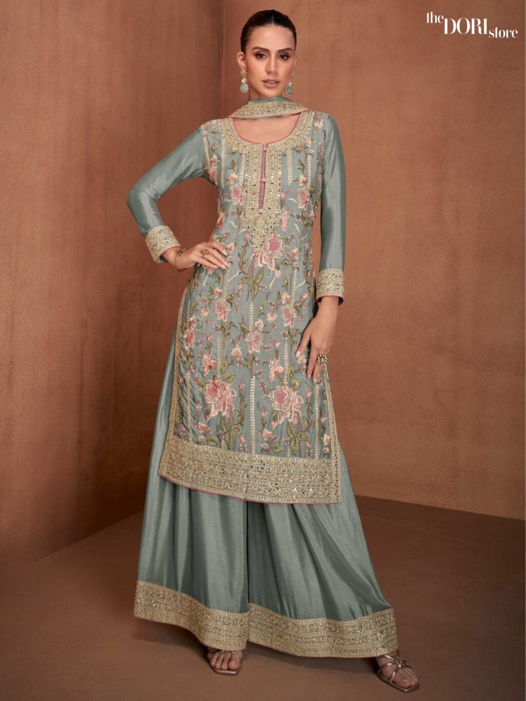 Classy Green Chinon Silk Partywear Suit with Embroidery & Mirror work - Beautiful GULKARYA DESIGNER (VANYA)  for a classy look.