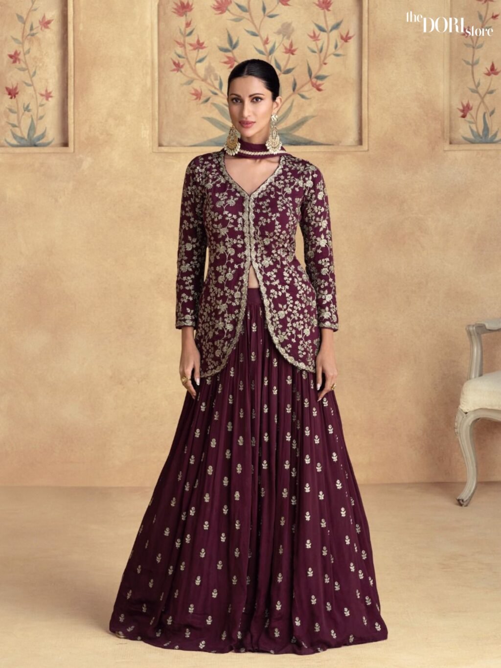 Ethnic Burgundy Chinon Silk Partywear Gown Suit - Beautiful Aashirwad Creation (ALFAAZ)  for a classy look.