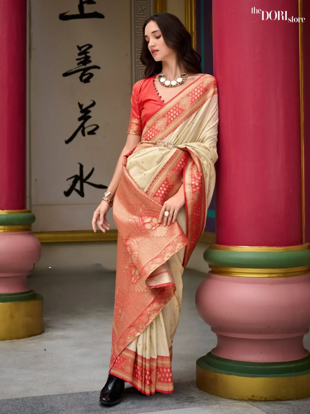 Rich Cream Designer Banarasi Silk Woven Saree - Image 3