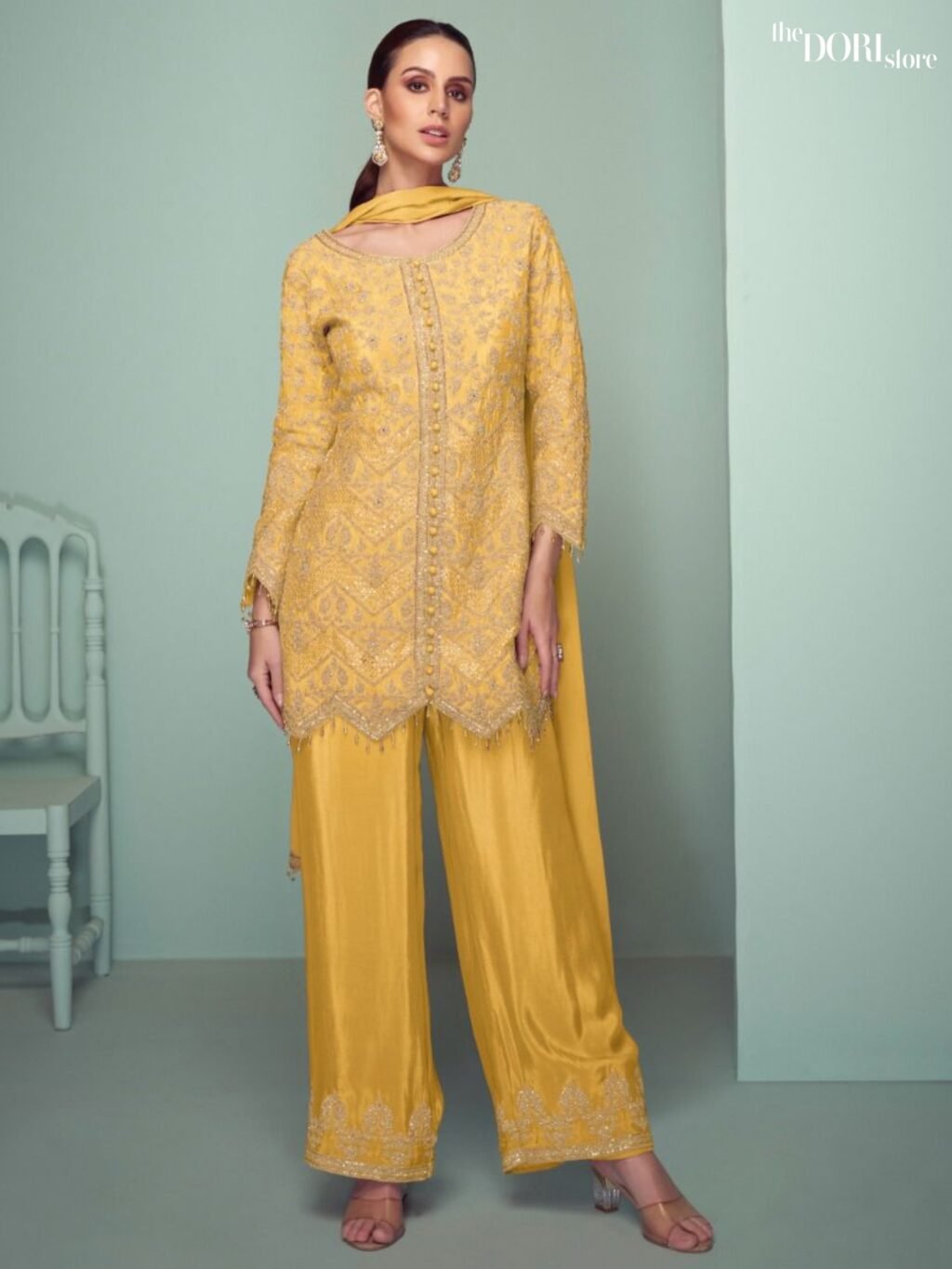 Beautiful Glow Yellow Partywear Chinon Silk Suit  - Beautiful Gulkarya Designer ( CROWN PLATINUM ) for a classy look.