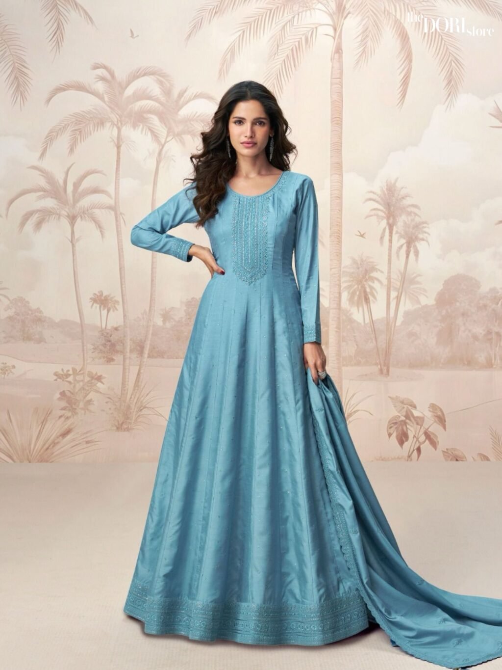 Aqua Blue Silk Partywear Gown Suit - Beautiful Aashirwad Creation (RAGINI ) for a classy look.